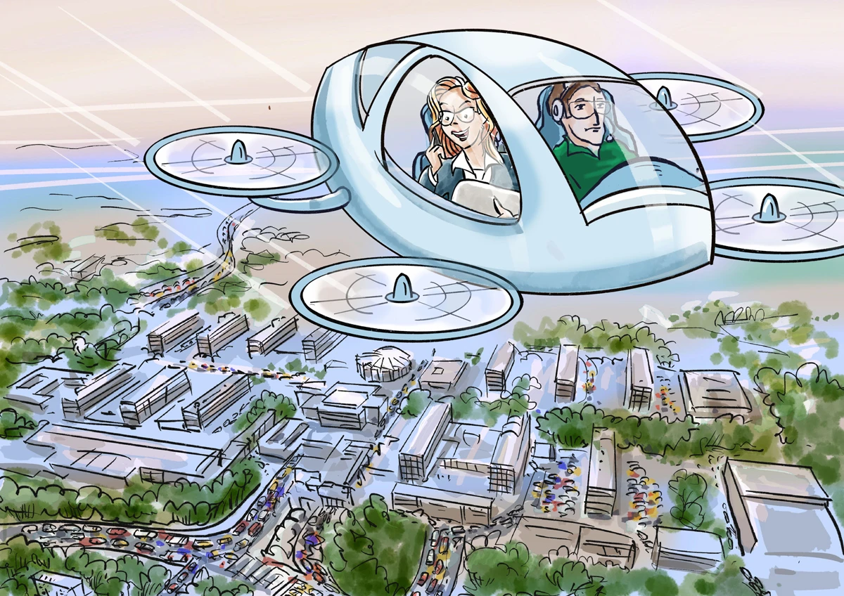 Zeichnung "Flugtaxi" über Stadt