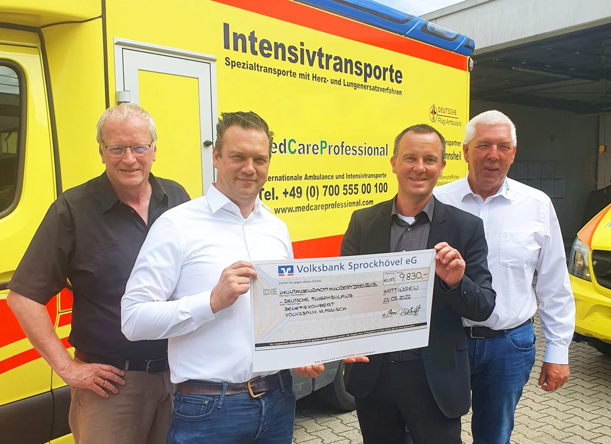 Museumsleiter Robert Laube (v.l.), Benjamin Weber (Medcare Professional), Thomas Alexander (Leiter Marketing Volksbank) und Michael Weber (Medcare Professional)