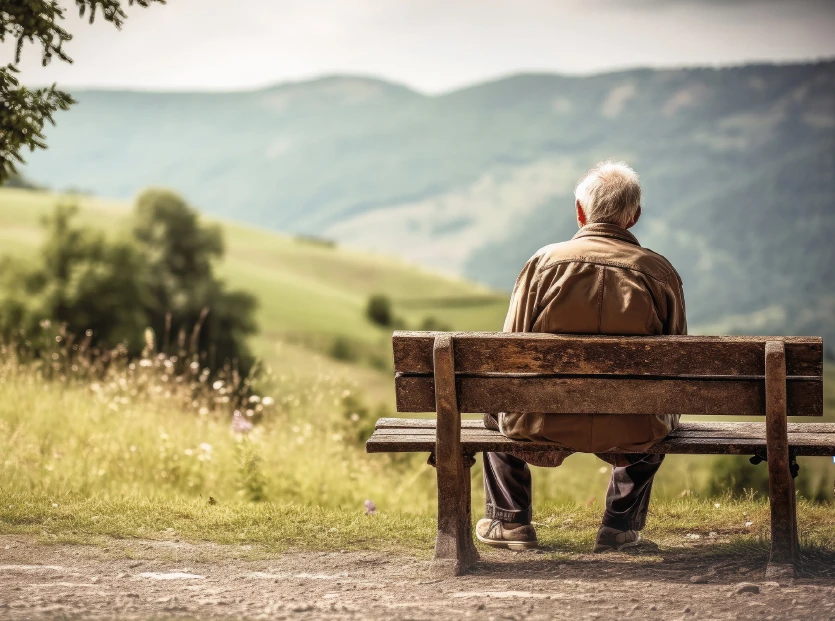 Mann sitzt allein auf Bank von hinten und schaut in Landschaft